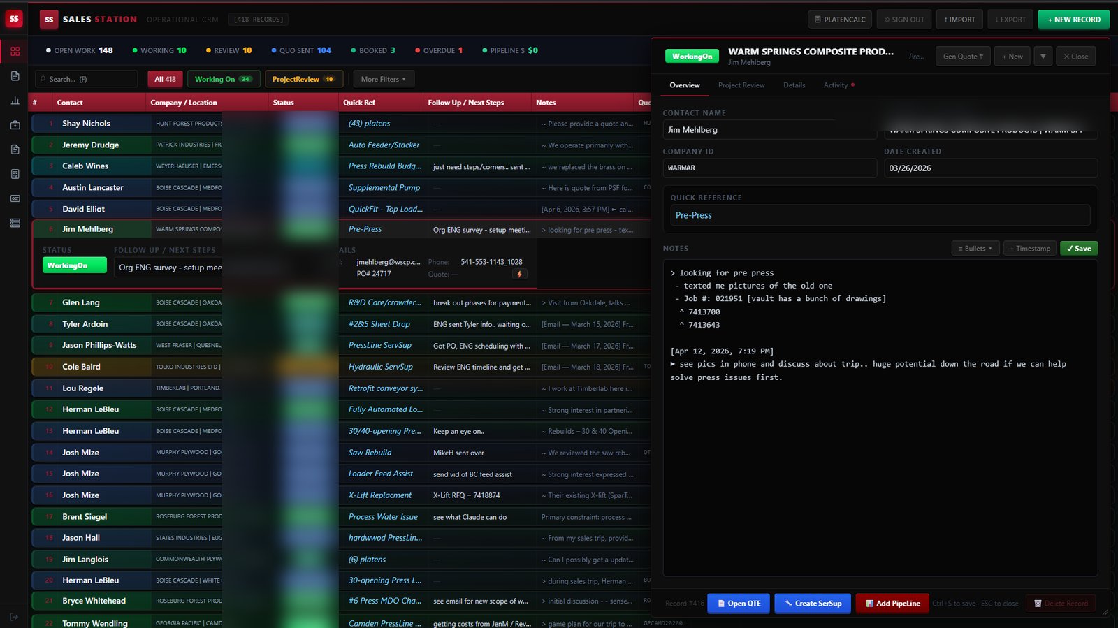 SaleStation operational CRM with manufacturing accounts and deep record drilldown
