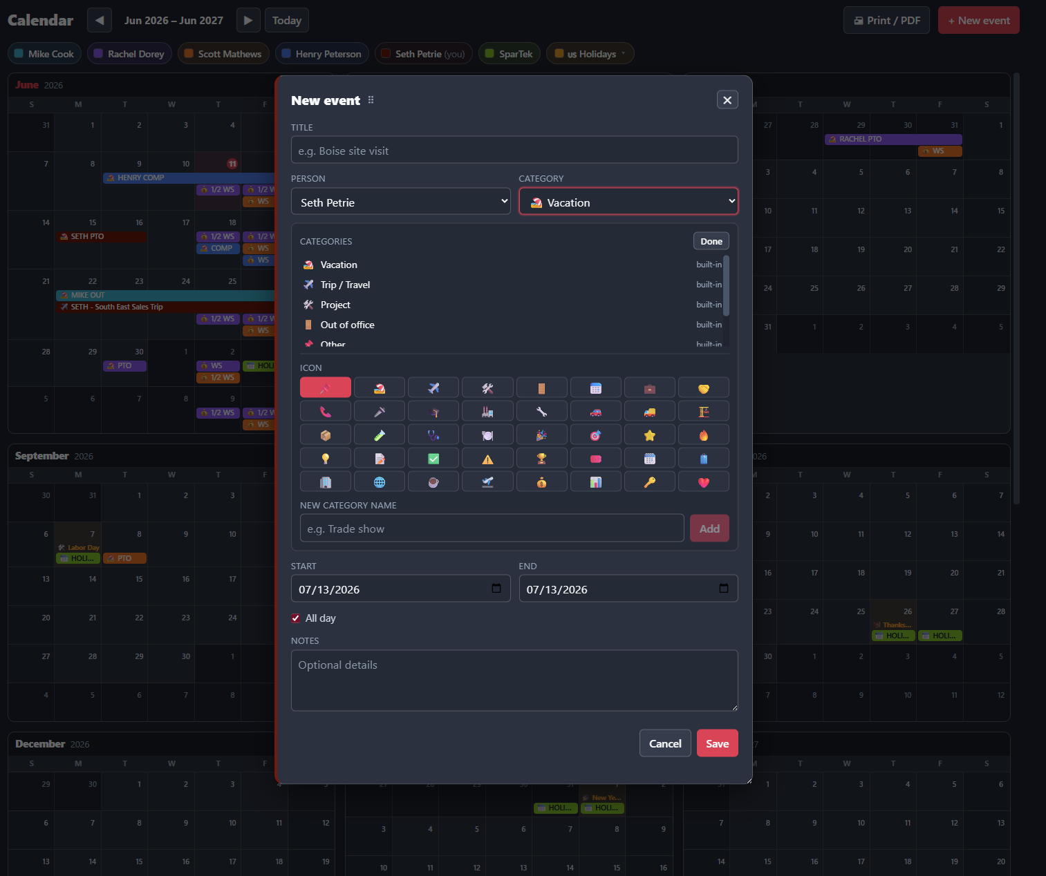 New event modal with custom categories, icon library, and date range