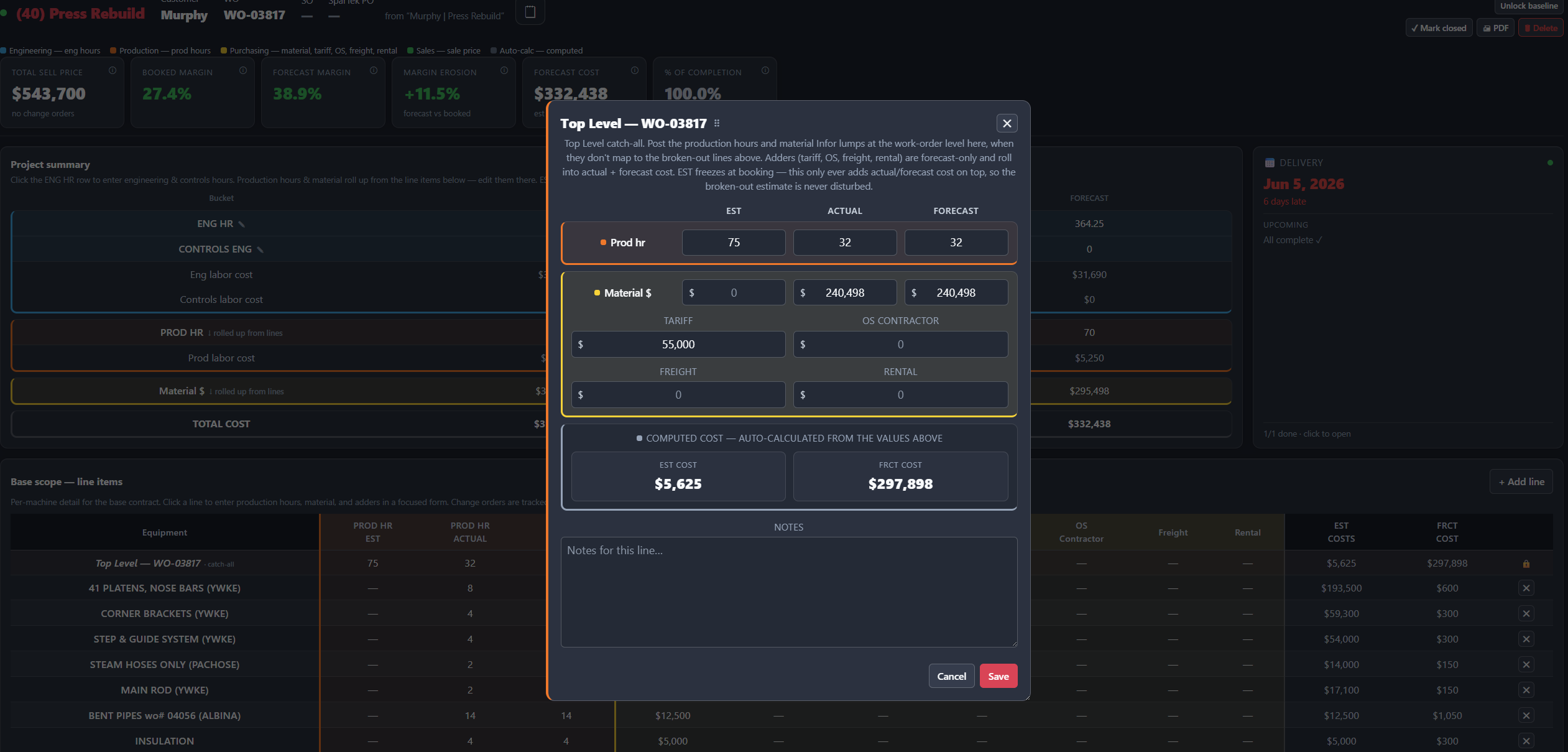 Line-item entry with estimate, actual, and forecast fields